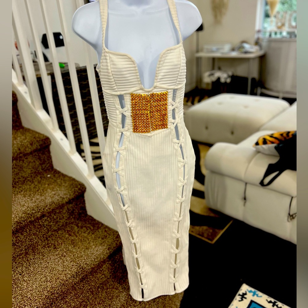 Ivory Halter Midi Dress with Gold Embellished Waist